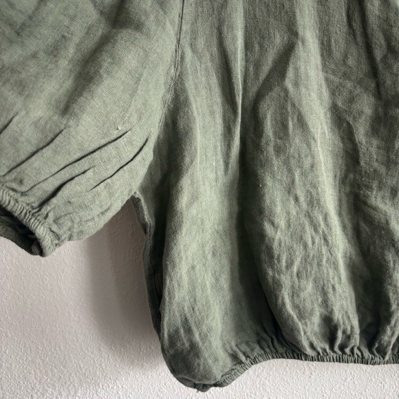 NWT Bellambra Made in Italy 100% Linen Oil Green Smocked Boho Puff Sleeve Top - Picture 7 of 9